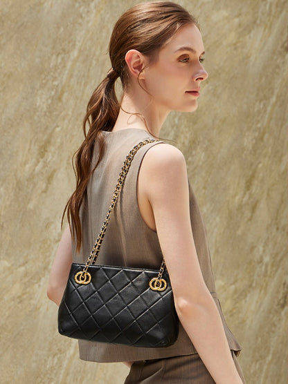 Classic Quilted Sheepskin Genuine Leather Chain Mini Tote Clutch Bag
