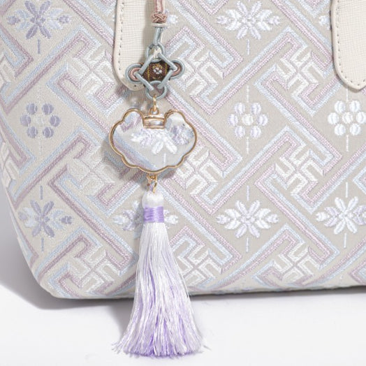 Mellow Oriental Jacquard Vegan Eco-Leather Tote Clutch Bag with Tassel Charm