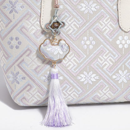 Mellow Oriental Jacquard Vegan Eco-Leather Tote Clutch Bag with Tassel Charm