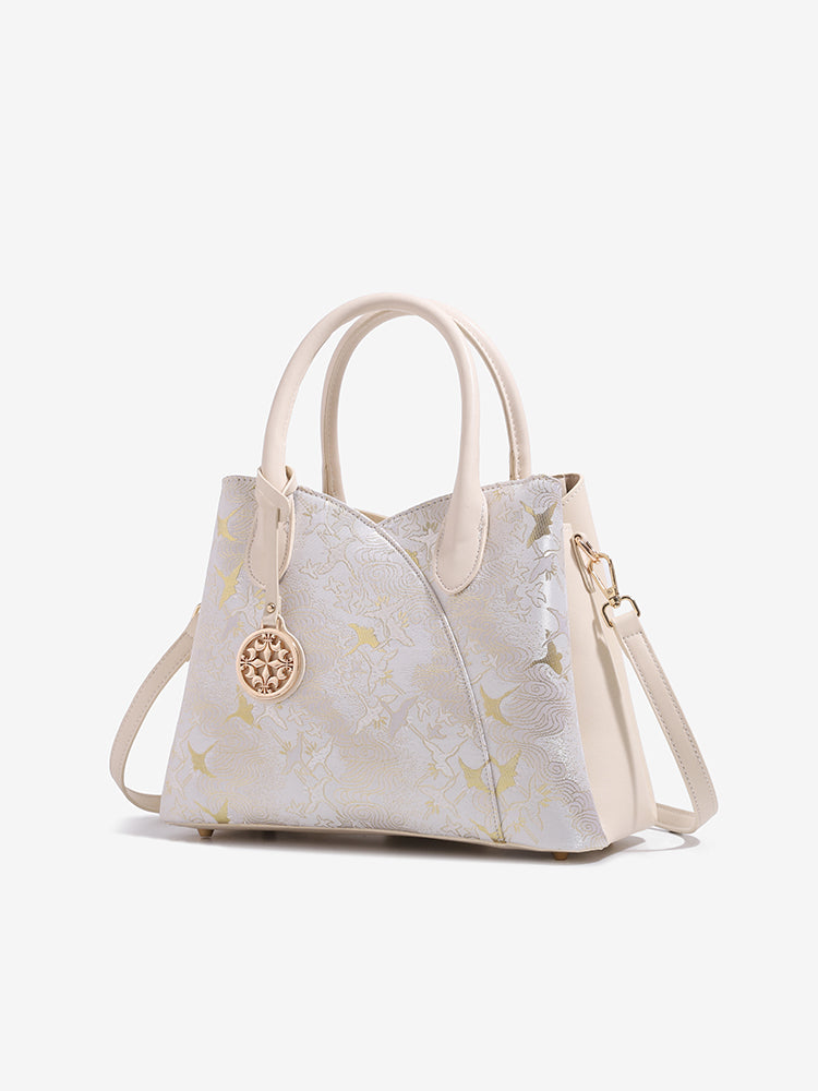 Elegant Flying Crane Motif Vegan Eco-Leather Tote Clutch Bag with Hollow Metal Charm