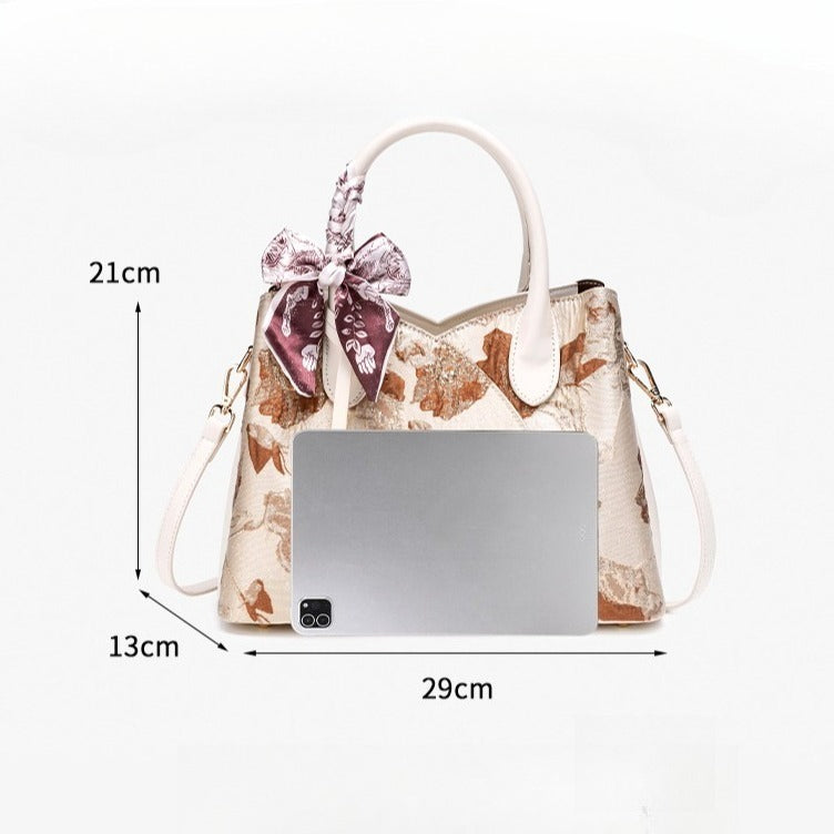 Muted Luxe Floral Jacquard Vegan Eco-Leather Clutch Bag with Silk Scarf Charm