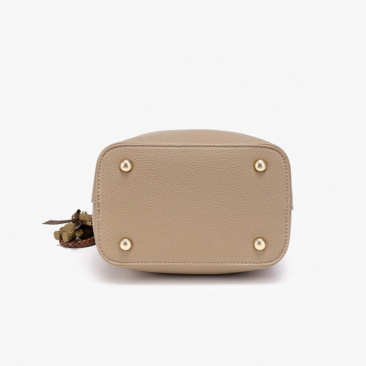 Minimalist Pebbled Vegan Eco-Leather Bucket Clutch Bag with Bear Charm