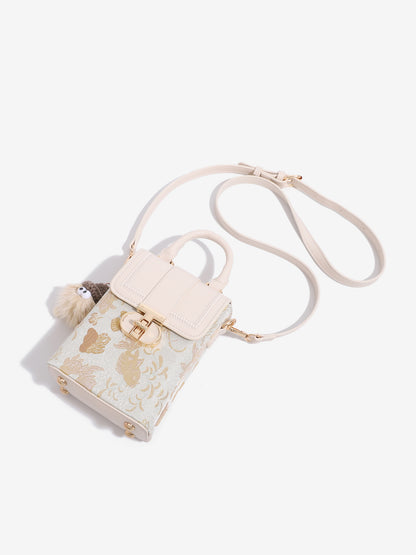 Elegant Oriental Jacquard Mini Flap Phone Clutch Bag with Furry Charm