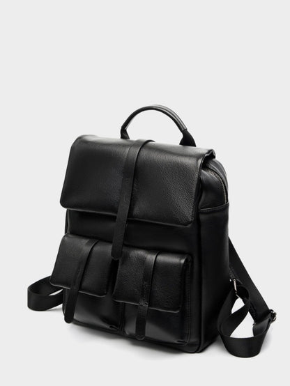 Minimalist Large Capacity Pebbled Genuine Leather Flap Backpack
