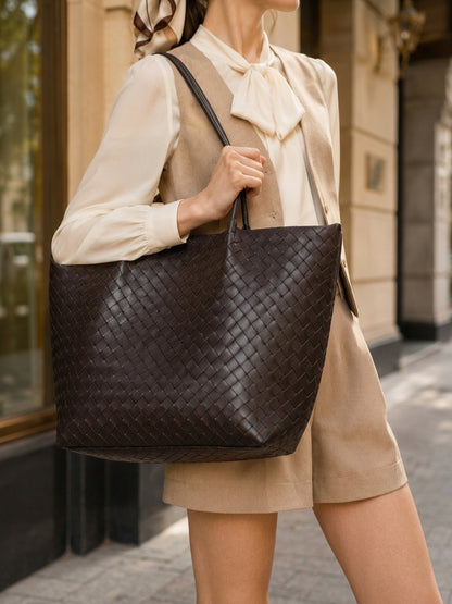 Minimalist Woven Genuine Leather Spacious Tote Clutch Bag