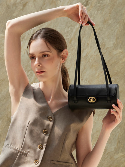 Bolso de mano tipo clutch nostálgico de cuero genuino color caviar, con forma de baguette tubular