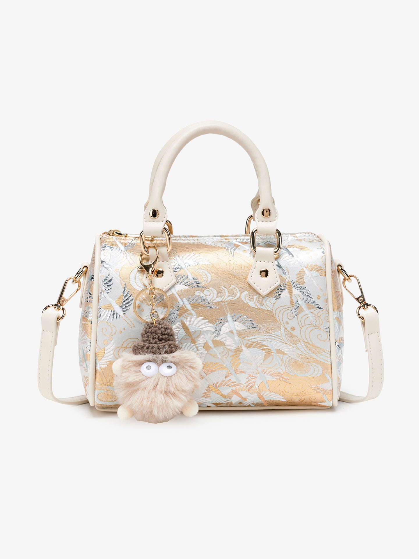Delicate Crane Vegan Eco‑Leather Barrel Clutch Bag with Playful Charm