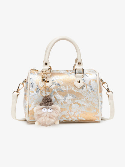 Delicate Crane Vegan Eco‑Leather Barrel Clutch Bag with Playful Charm