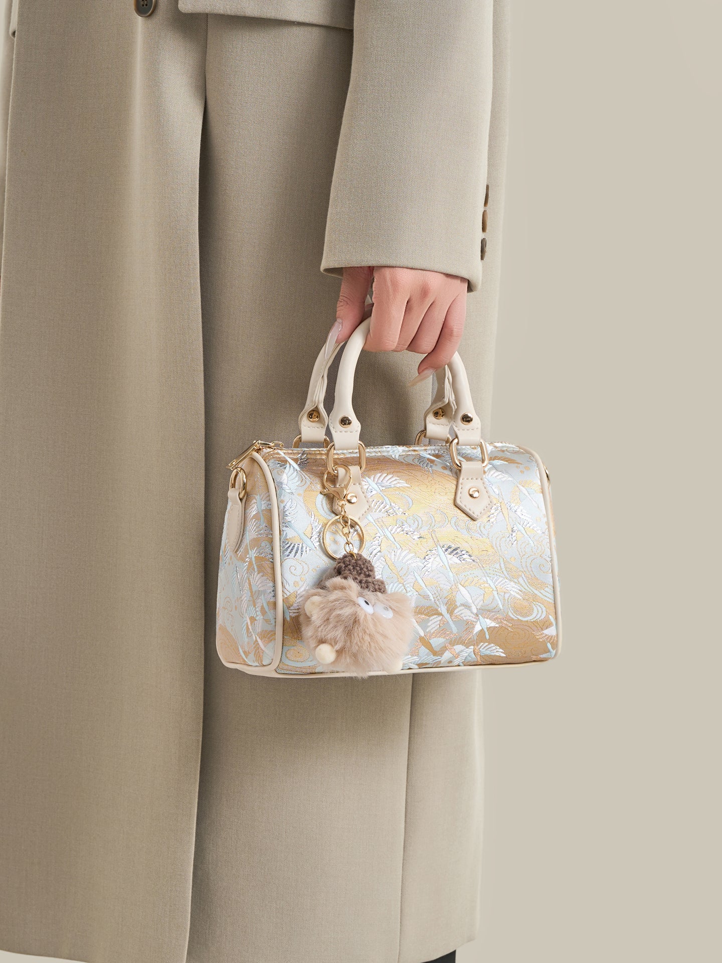 Delicate Crane Vegan Eco‑Leather Barrel Clutch Bag with Playful Charm