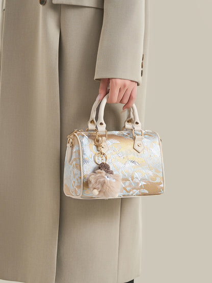 Delicate Crane Vegan Eco‑Leather Barrel Clutch Bag with Playful Charm