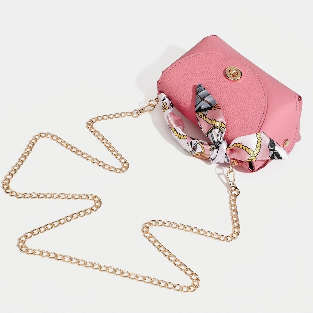 Borsa elegante retrò a spalla e tracolla in vera pelle con catena e foulard di seta