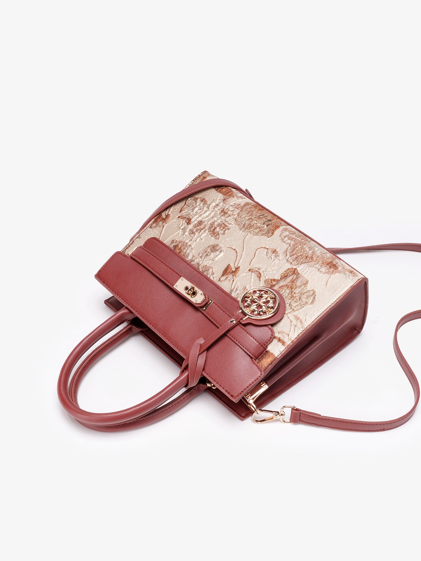 Classic Floral Vegan Eco-Leather Tote Clutch Bag with Metal Ornament Charm