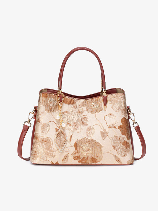 Quiet Luxe Floral Vegan Eco-Leather Clutch Bag with Leaf Charm