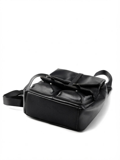Sac à dos à rabat en cuir véritable grainé grande capacité minimaliste