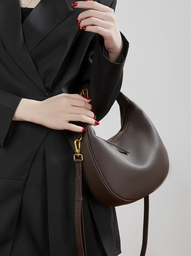 Modern Half-Moon Genuine Leather Bag - Versatile 2-Way Carry Pebbled Hobo