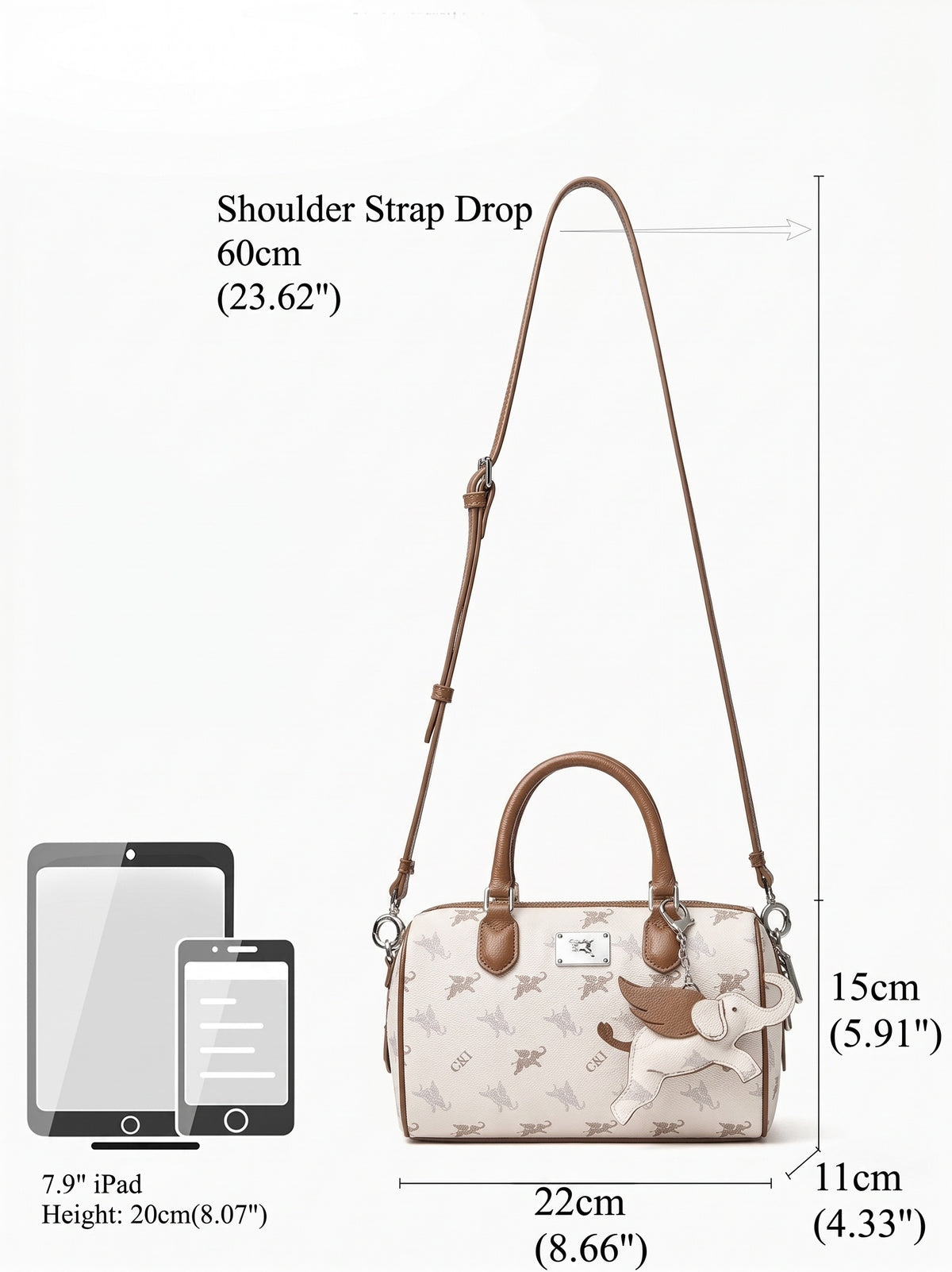 Borsa Boston di lusso a tracolla vintage con motivo Flying Elephant e monogramma