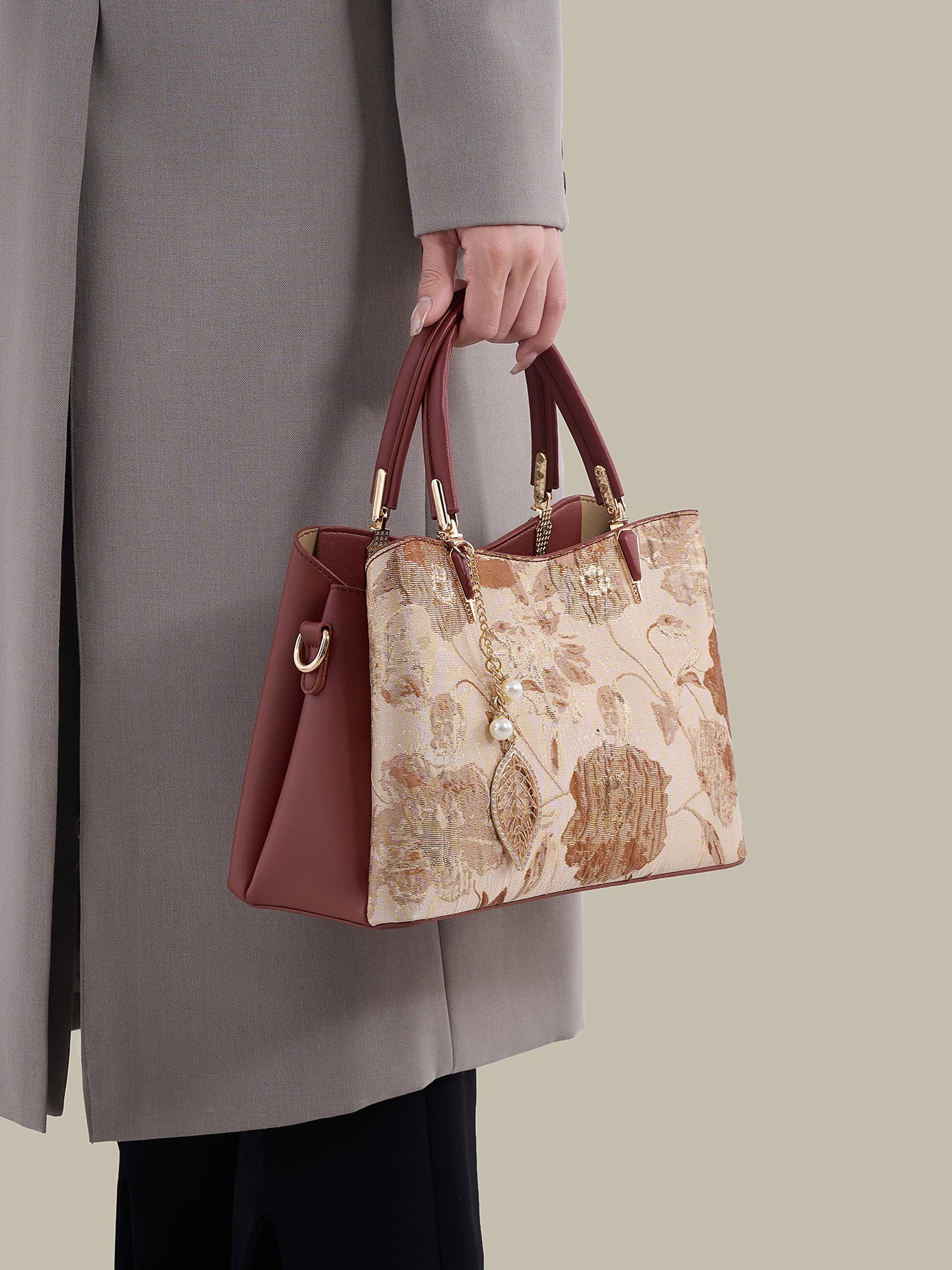 Quiet Luxe Floral Vegan Eco-Leather Clutch Bag with Leaf Charm