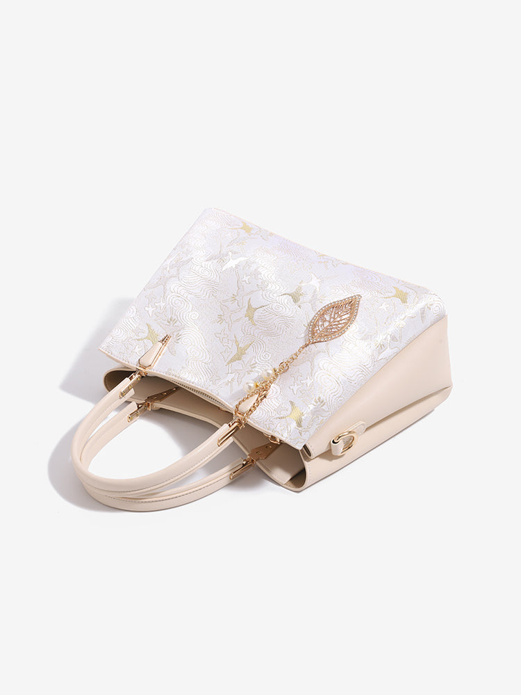 Sophisticated Oriental Jacquard Vegan Eco‑Leather Clutch Bag with Leaf Charm
