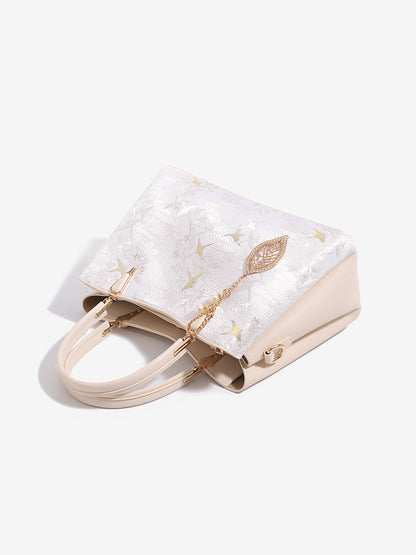Sophisticated Oriental Jacquard Vegan Eco‑Leather Clutch Bag with Leaf Charm