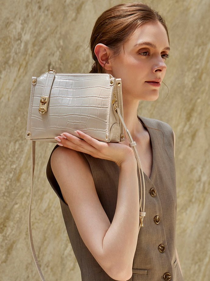 Vintage Schultertasche mit Griff aus glänzendem Krokodilleder