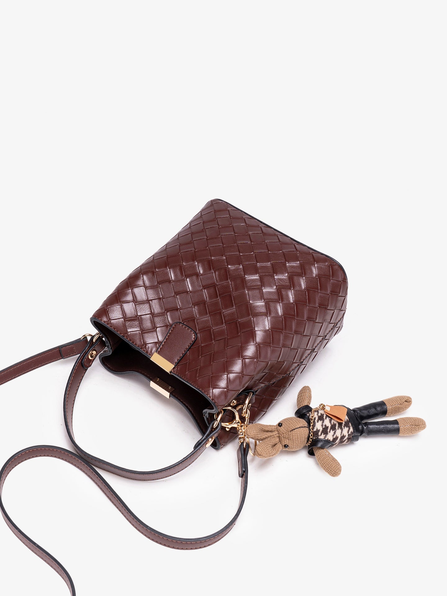 Retro Woven Vegan Eco-Leather Bucket Clutch Bag With Stuffed Bunny Charm