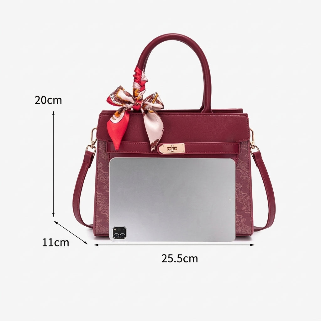 Borsa tote pochette regale con nuvole orientali, in ecopelle vegana, con charm a foulard di seta