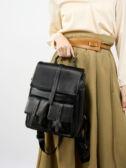 Minimalist Large Capacity Pebbled Genuine Leather Flap Backpack