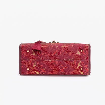 Vintage Crane Vegan Eco-Leather Satchel Clutch Bag with Tassel Charm