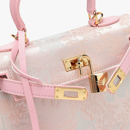 Elegant Oriental Brocade Genuine Leather Kelly Clutch Bag with Charm