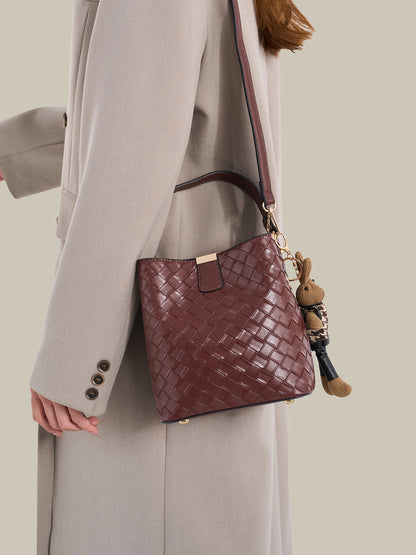 Retro Woven Vegan Eco-Leather Bucket Clutch Bag With Stuffed Bunny Charm