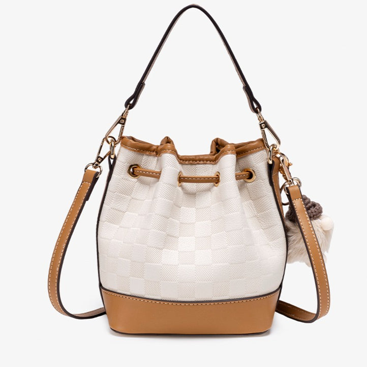 Vintage Checkerboard Vegan Eco-Leather Bucket Clutch Bag with Fluffy Charm