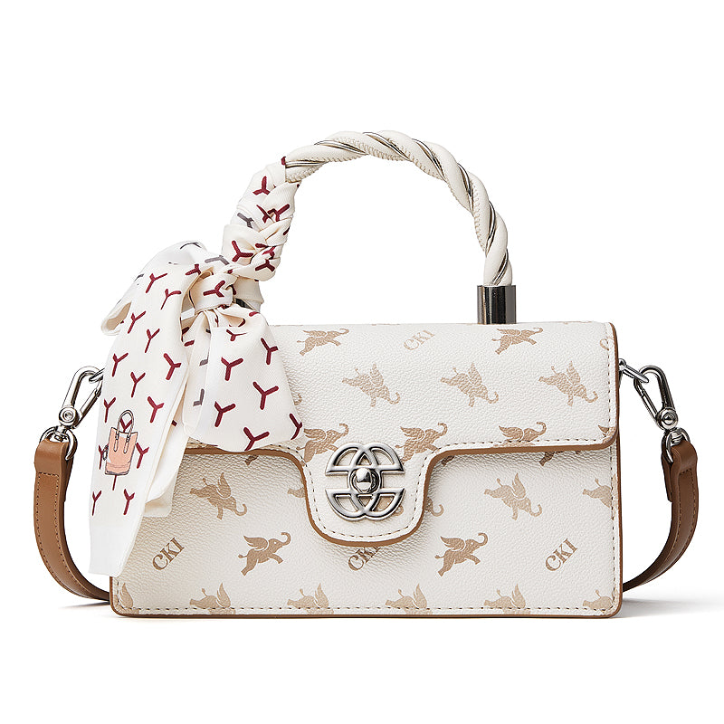 Borsa a spalla a tracolla retrò in vera pelle con decorazione a foulard