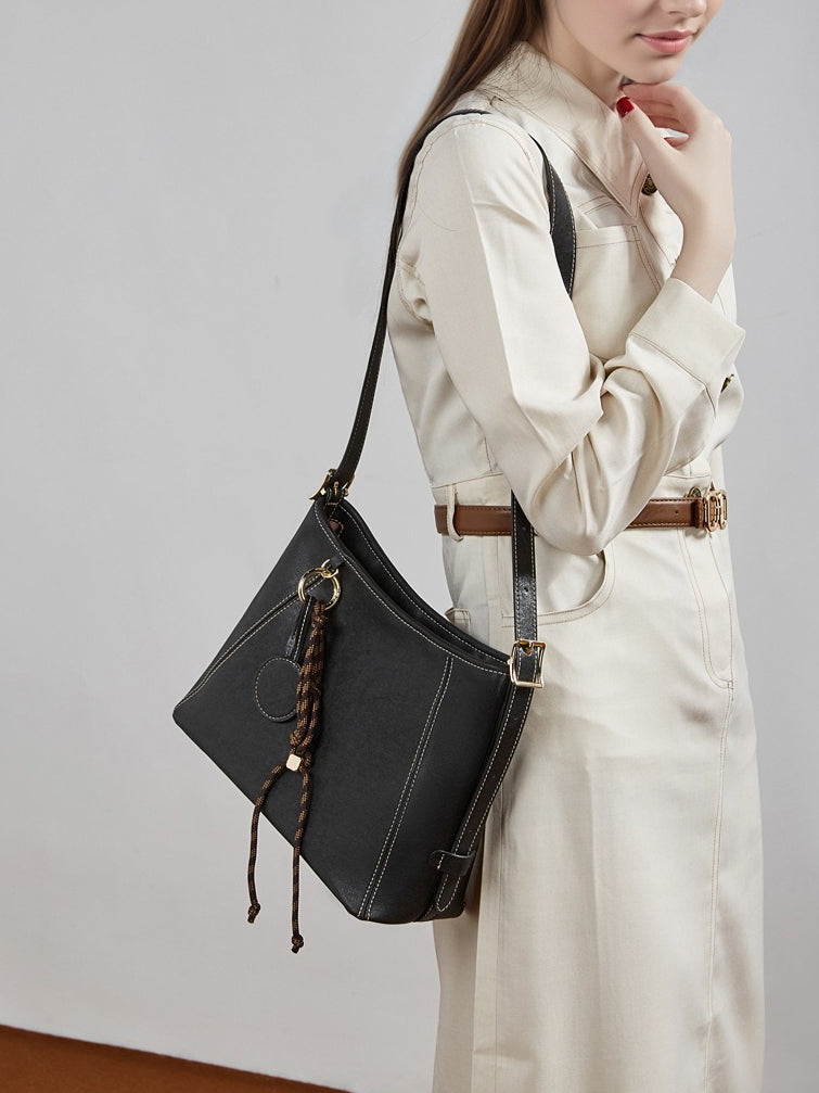 Artisan Stitched Genuine Leather Bag - Vintage Western Shoulder Tote with Tassel