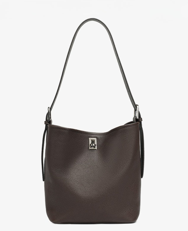 Sculpted Genuine Leather Medium Bucket Bag with Clean Linear Topstitching