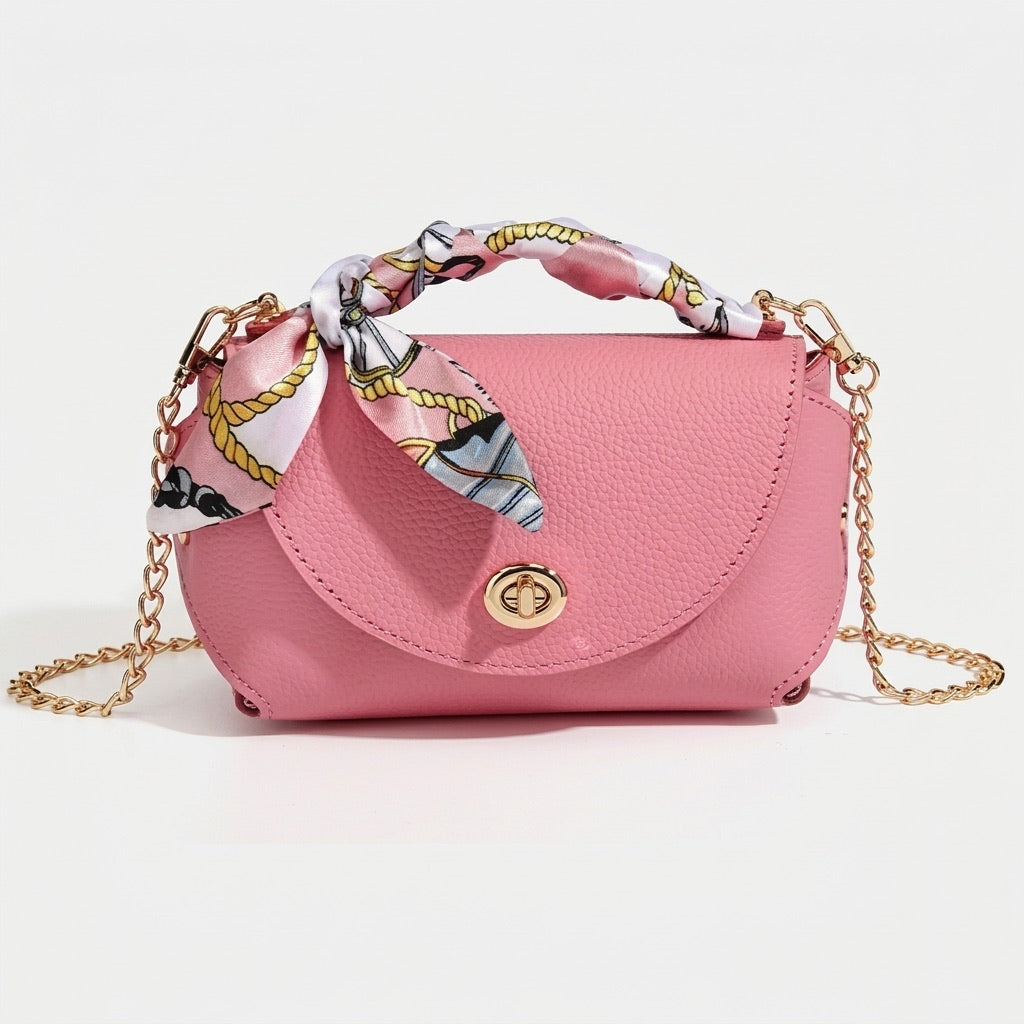 Borsa elegante retrò a spalla e tracolla in vera pelle con catena e foulard di seta