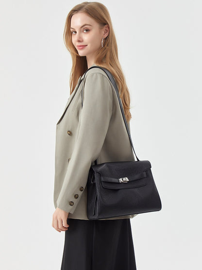 Vintage Lock-Accent Satchel Crossbody Genuine Leather Bag