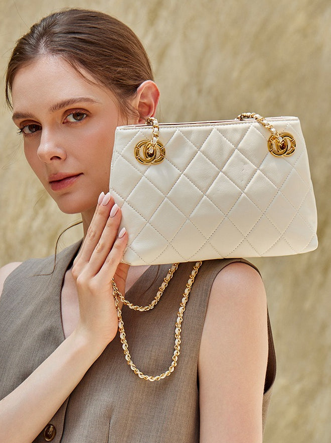 Classic Quilted Sheepskin Genuine Leather Chain Mini Tote Clutch Bag