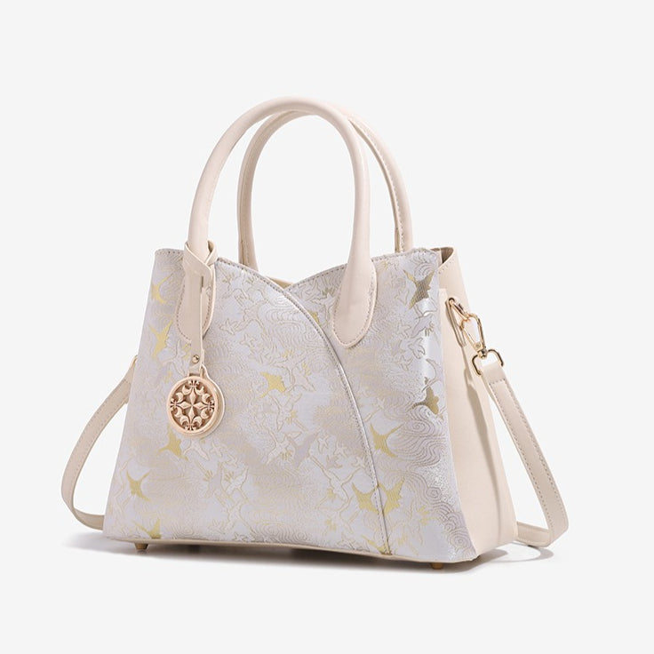 Elegant Flying Crane Motif Vegan Eco-Leather Tote Clutch Bag with Hollow Metal Charm