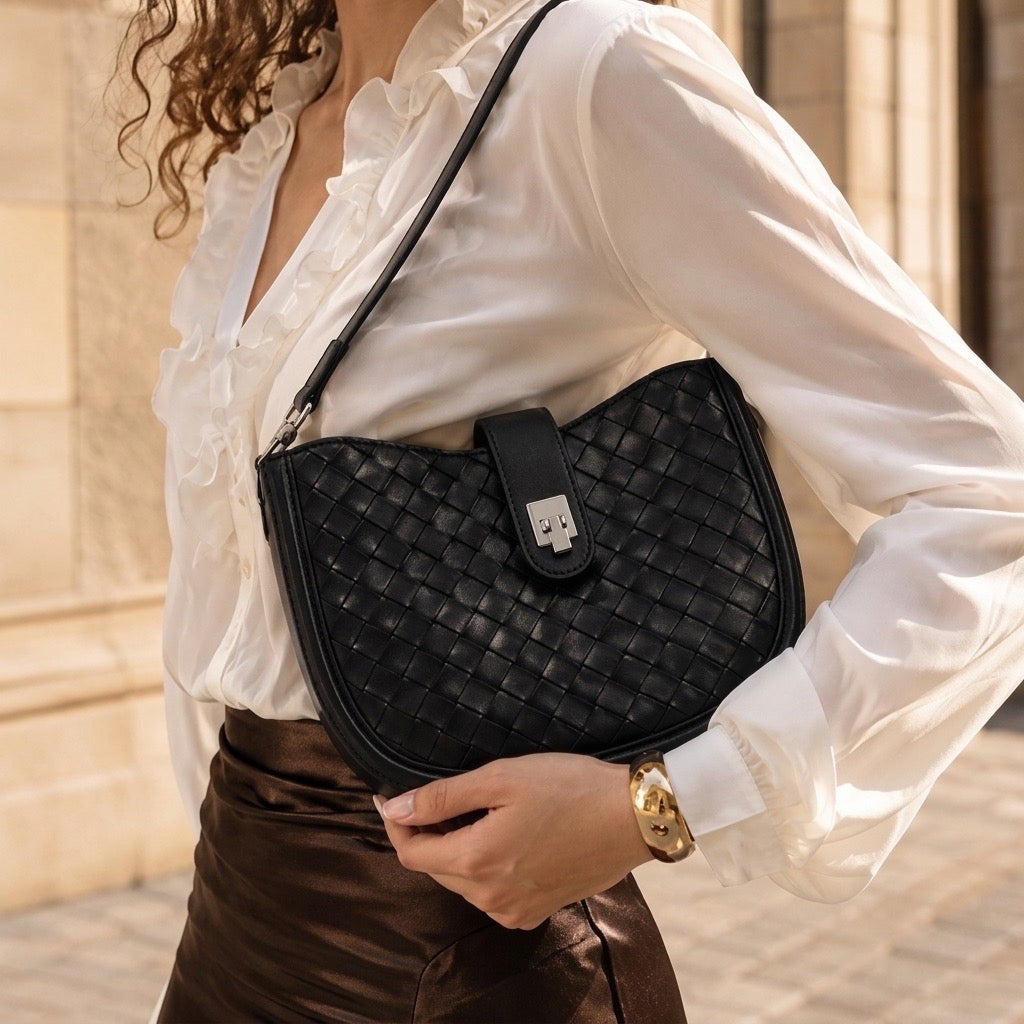 Intricate Woven Genuine Leather Saddle Clutch Bag