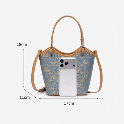 Refined Golden Elephant Motif Vegan Eco-Leather Bucket Clutch Bag