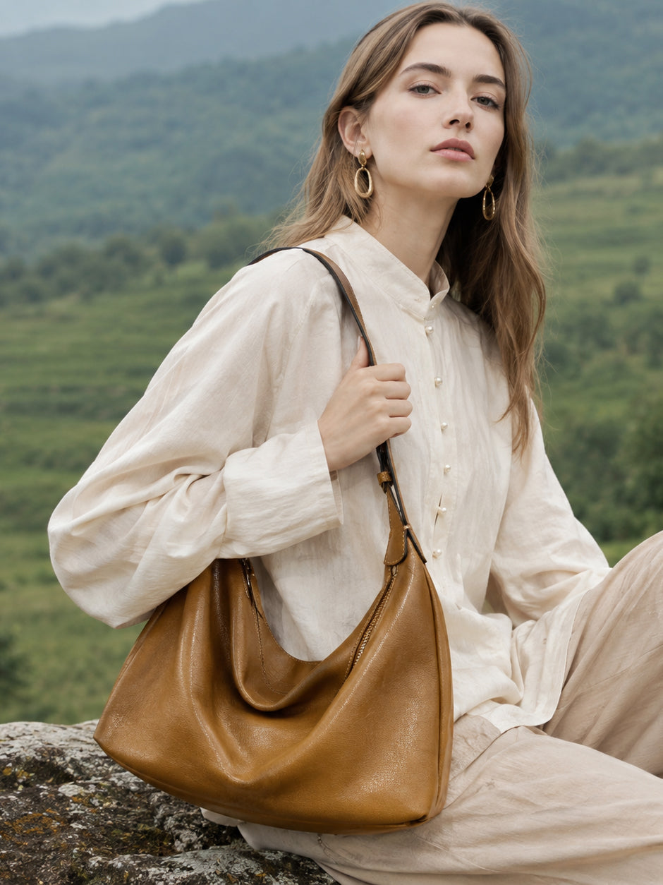 Supple Slouchy Genuine Leather Crescent Hobo Clutch Bag