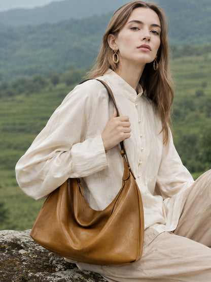 Supple Slouchy Genuine Leather Crescent Hobo Clutch Bag