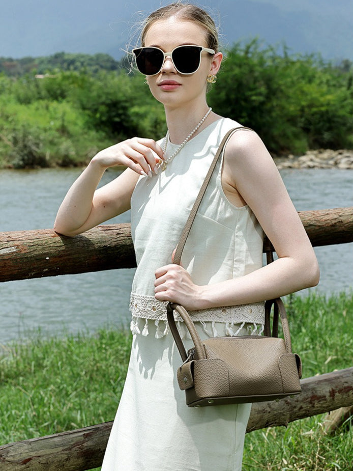 Architectural Pebbled Genuine Leather Boston Clutch Bag
