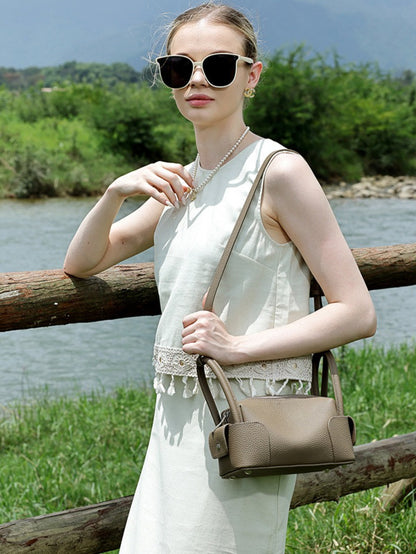Architectural Pebbled Genuine Leather Boston Clutch Bag