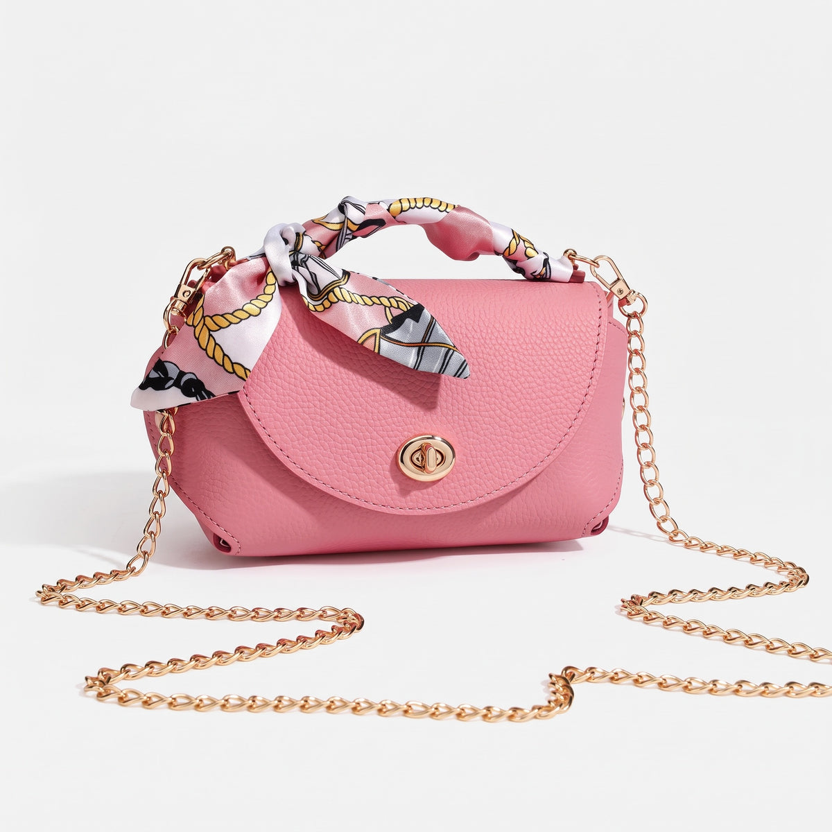Borsa elegante retrò a spalla e tracolla in vera pelle con catena e foulard di seta