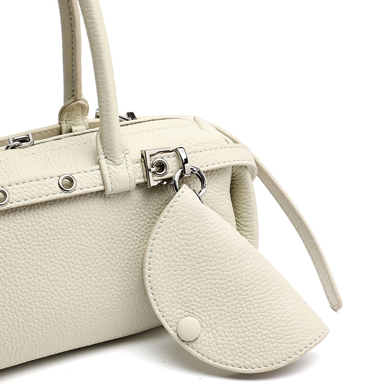 Refined Genuine Leather Petite Boston Clutch Bag with Mini Pouch