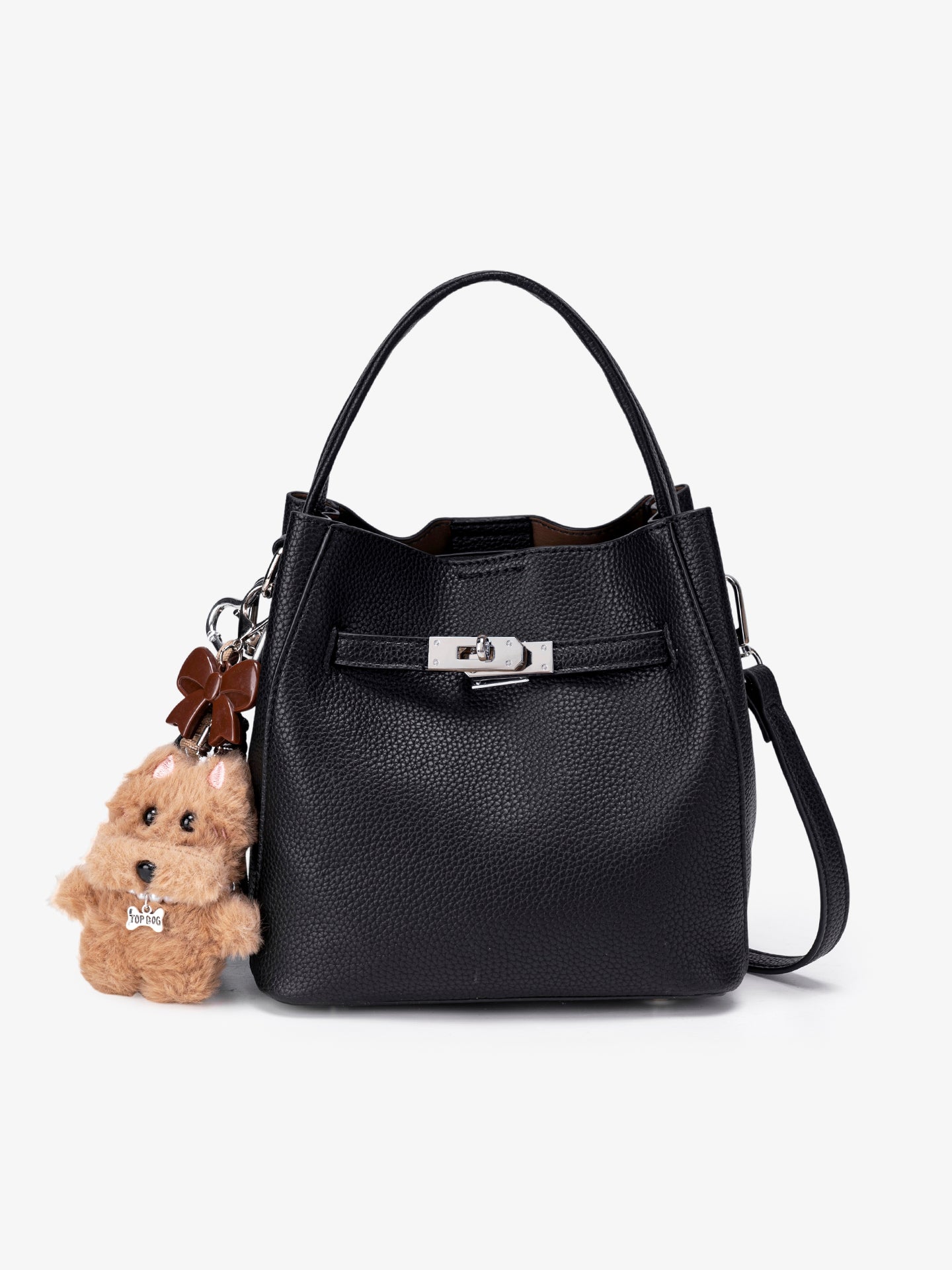 Mellow Pebble Textured Vegan Eco-Leather Bucket Bag with Fluffy Puppy Charm