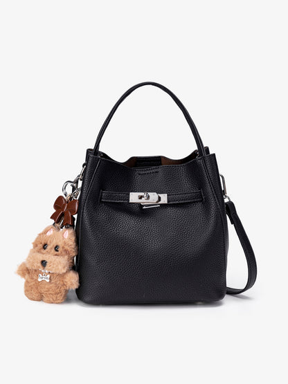 Mellow Pebble Textured Vegan Eco-Leather Bucket Bag with Fluffy Puppy Charm