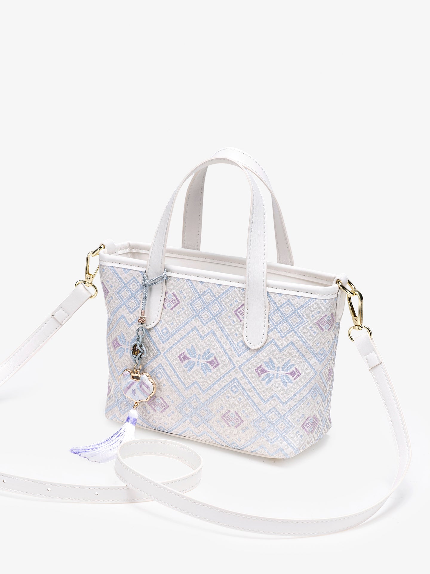 Serene Oriental Brocade Vegan Eco-Leather Mini Tote Clutch Bag with Tassel Charm