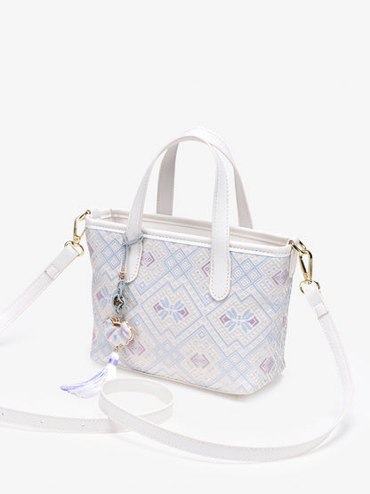 Serene Oriental Brocade Vegan Eco-Leather Mini Tote Clutch Bag with Tassel Charm